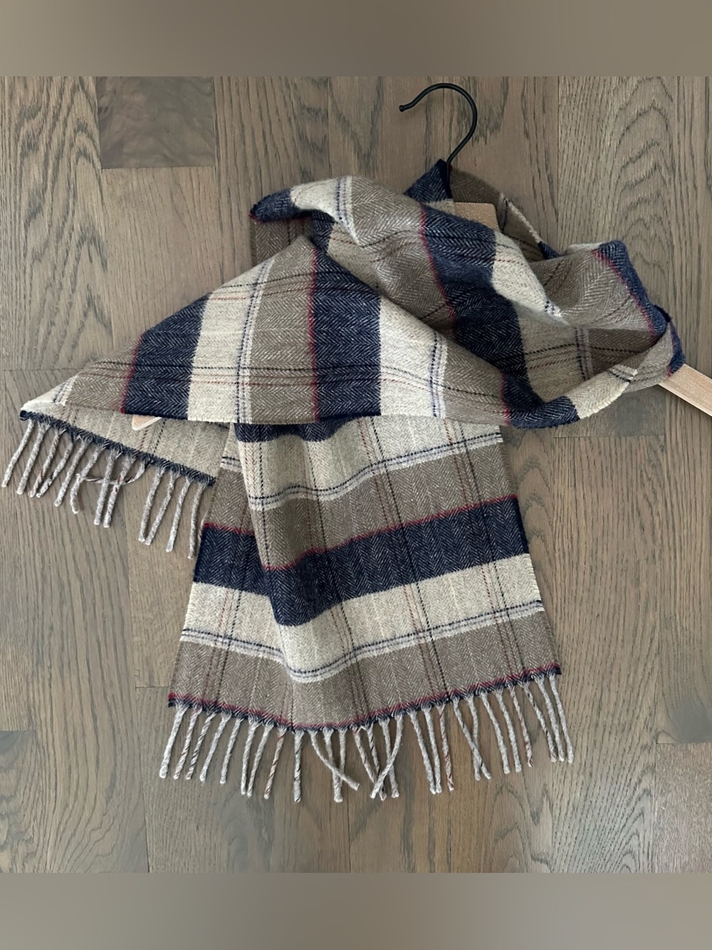 Vintage Johnstons of Elgin Plaid Wool Fringed Oblong Scarf Tan Navy Plaid 52.5"l